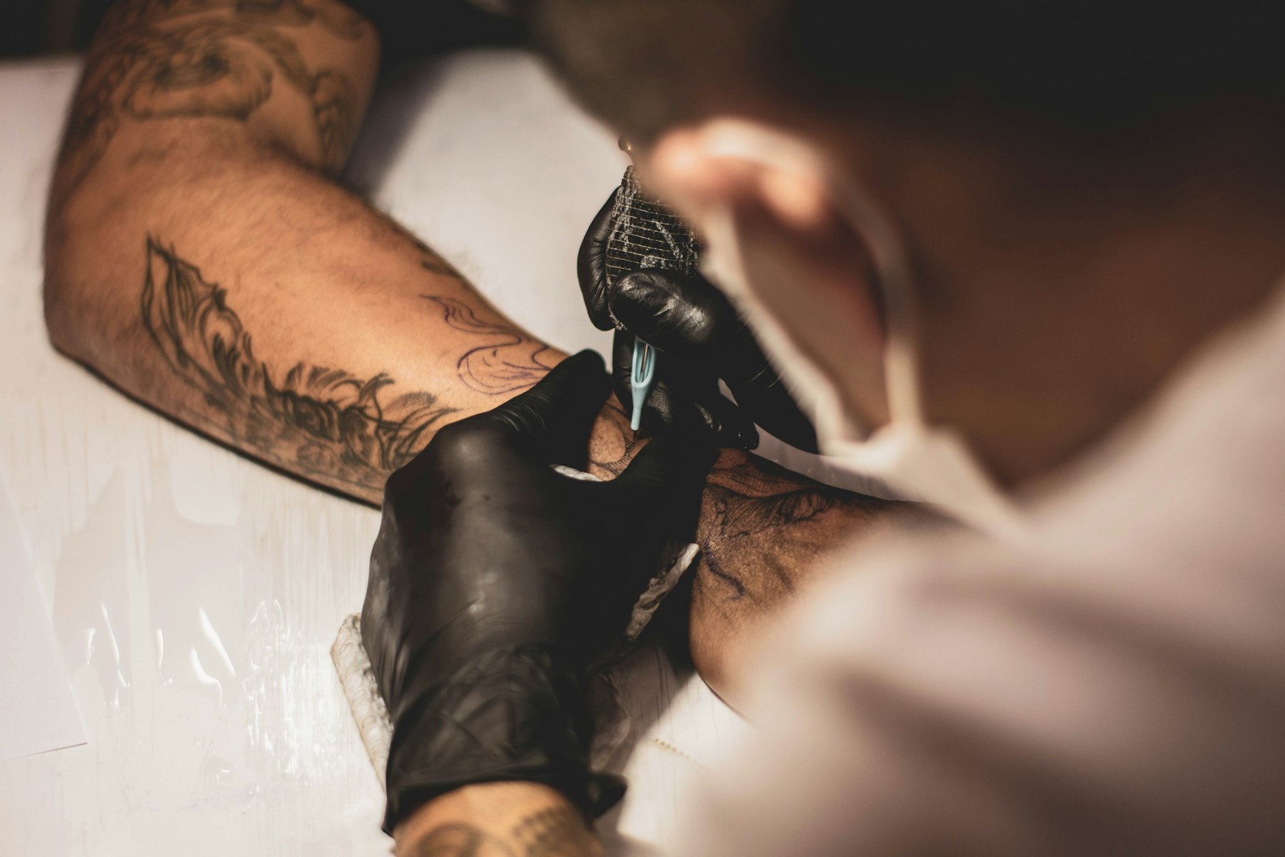 Close-up of the needle on skin